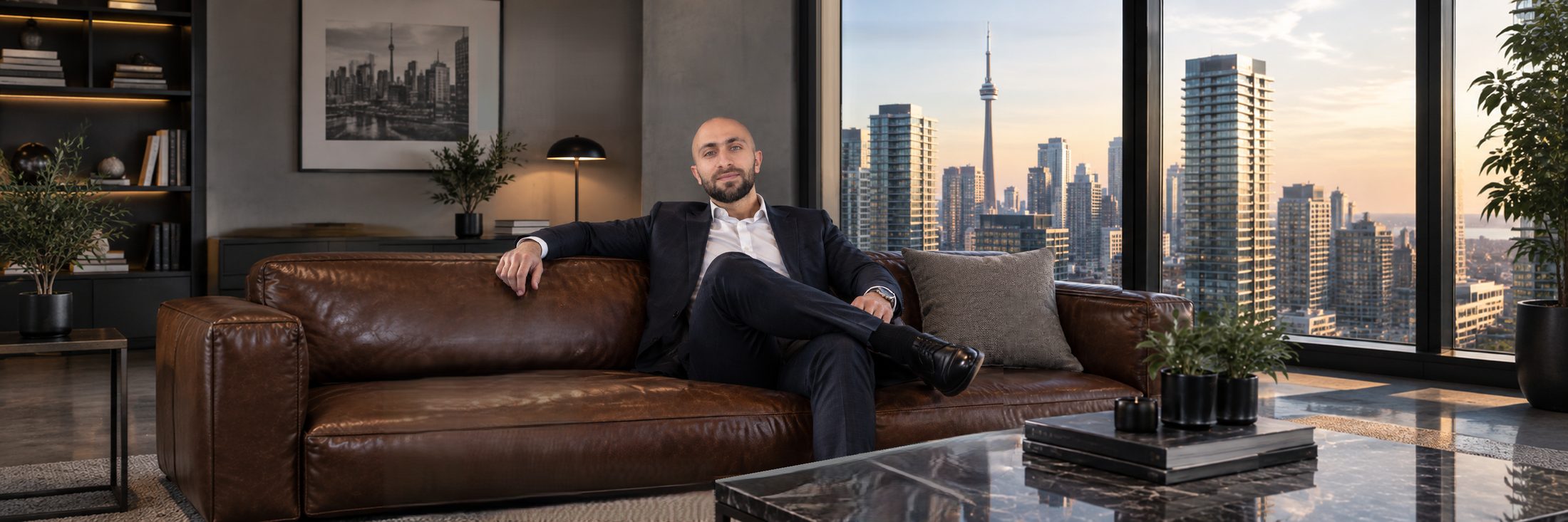 Alayan Design-Build founder seated on a leather sofa in front of the Toronto skyline