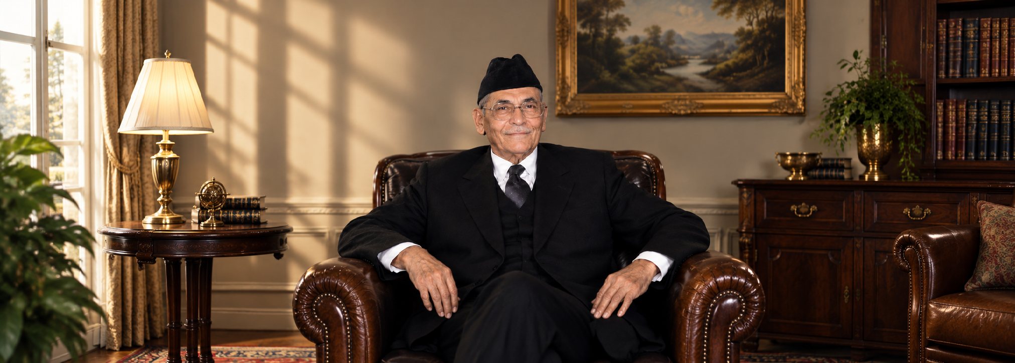 Our grandfather seated in a leather armchair in a warmly lit study